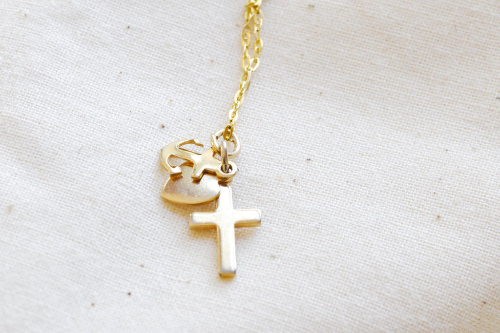 Vintage Cross Necklace: Gold Plated Hope Faith Charity Charms
