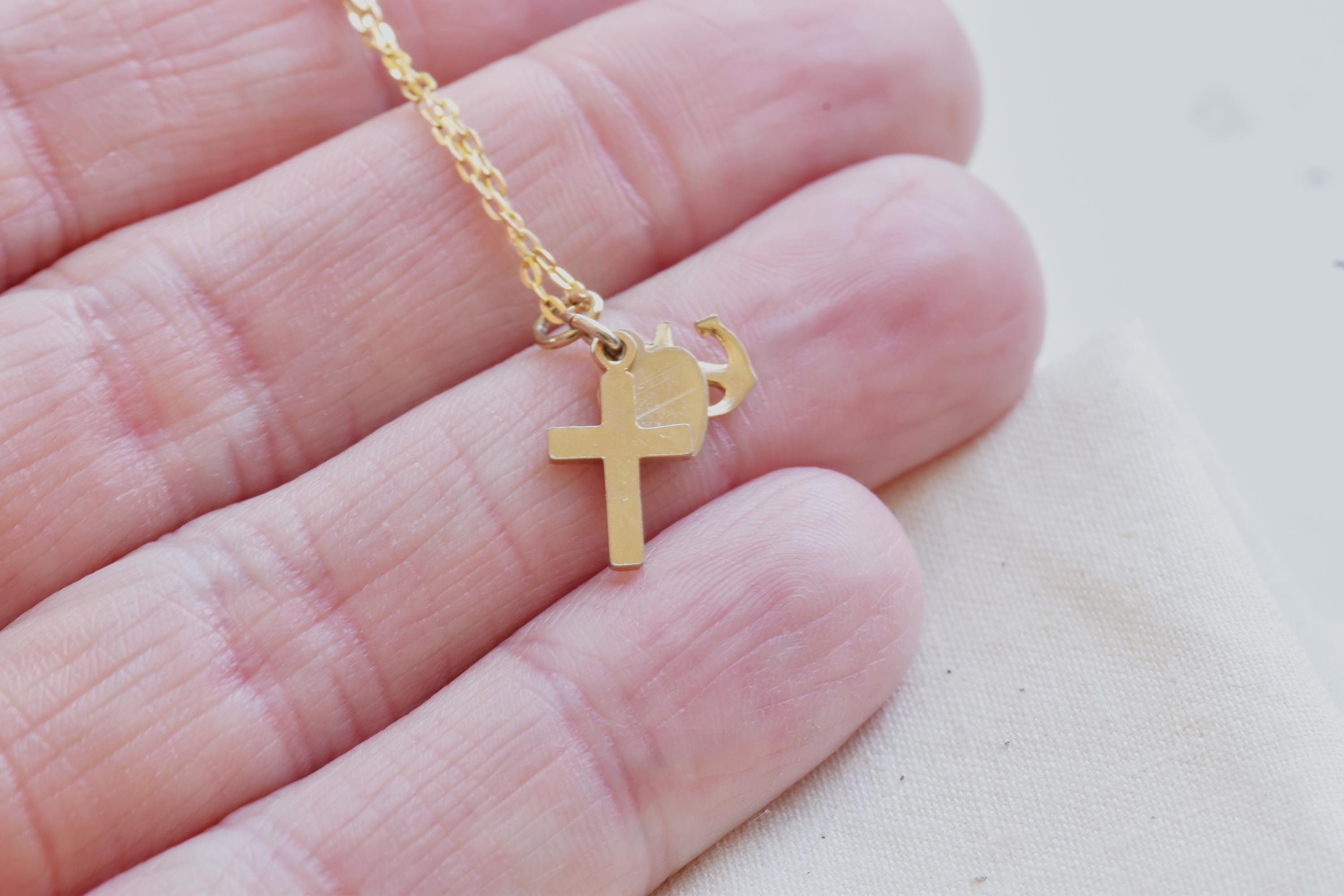 Vintage Cross Necklace: Gold Plated Hope Faith Charity Charms
