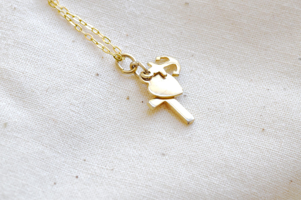Vintage Cross Necklace: Gold Plated Hope Faith Charity Charms