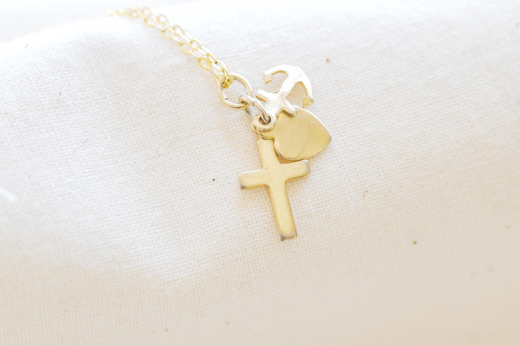 Vintage Cross Necklace: Gold Plated Hope Faith Charity Charms