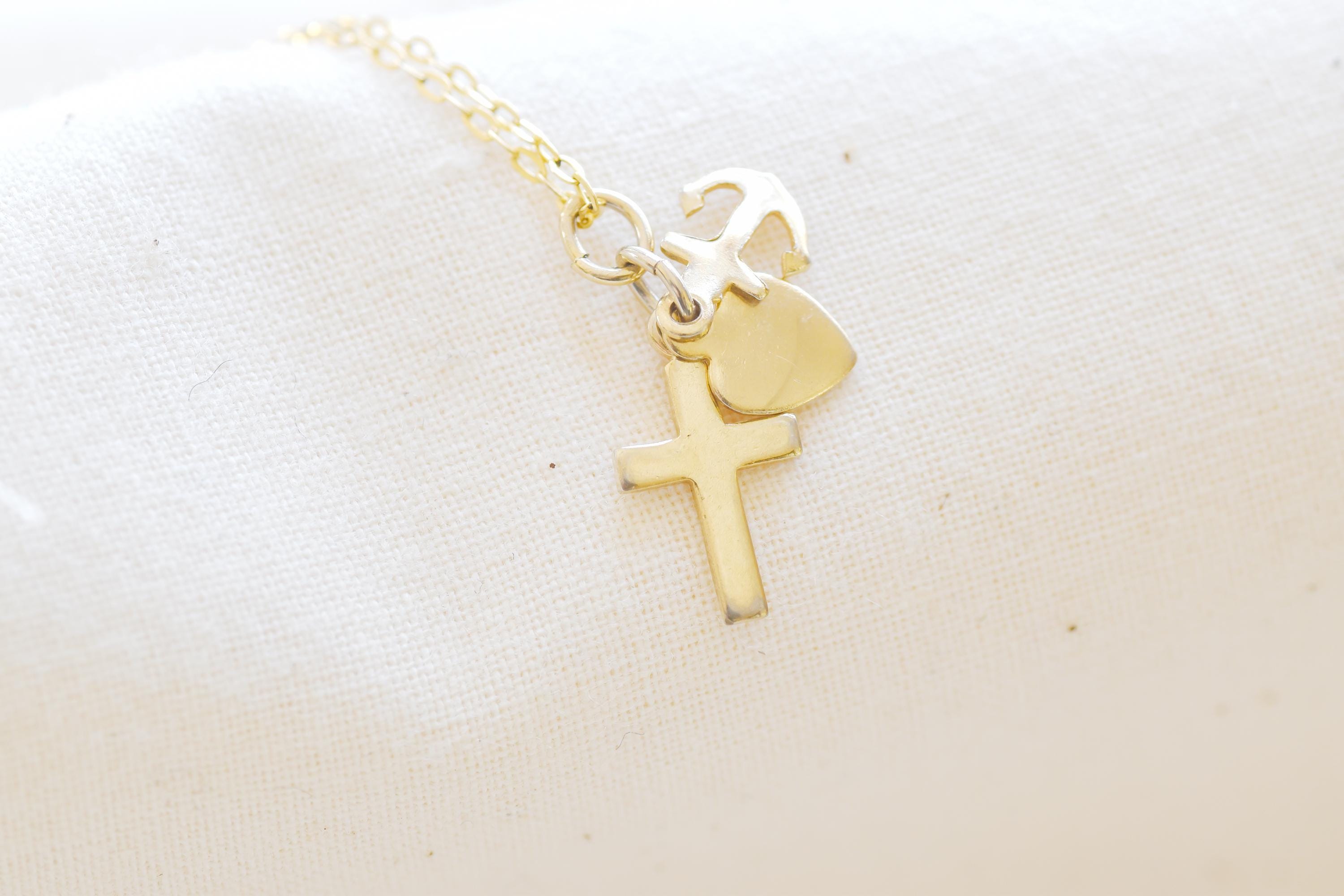 Vintage Cross Necklace: Gold Plated Hope Faith Charity Charms