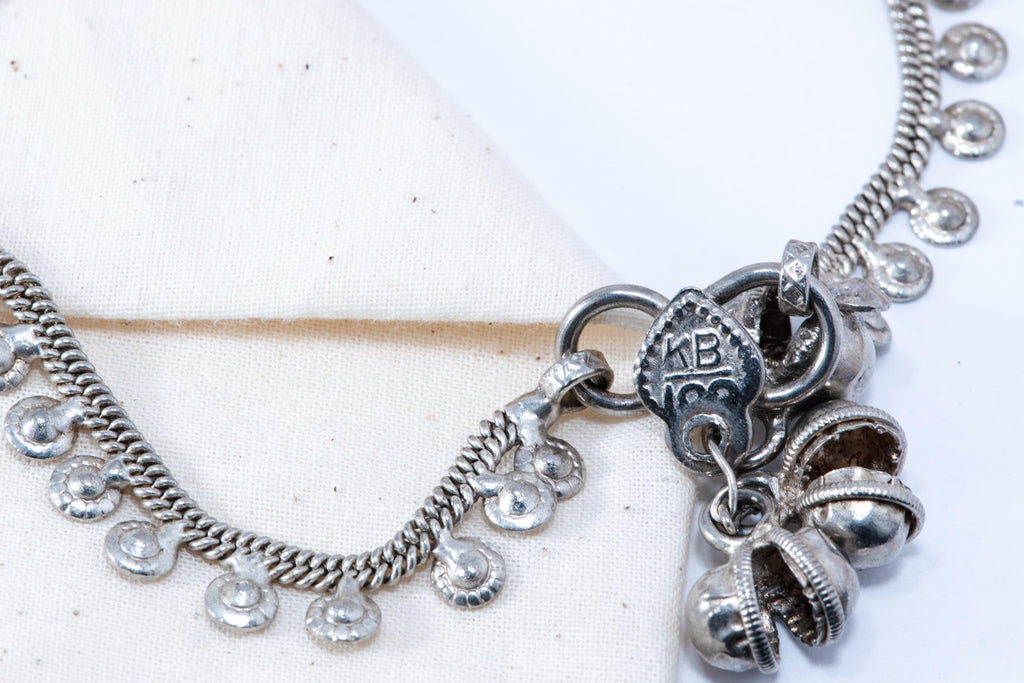 Vintage Indian Silver Tone Anklet  Dangle Bells Boho Foot Bracelet