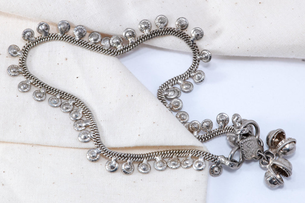 Vintage Indian Silver Tone Anklet  Dangle Bells Boho Foot Bracelet