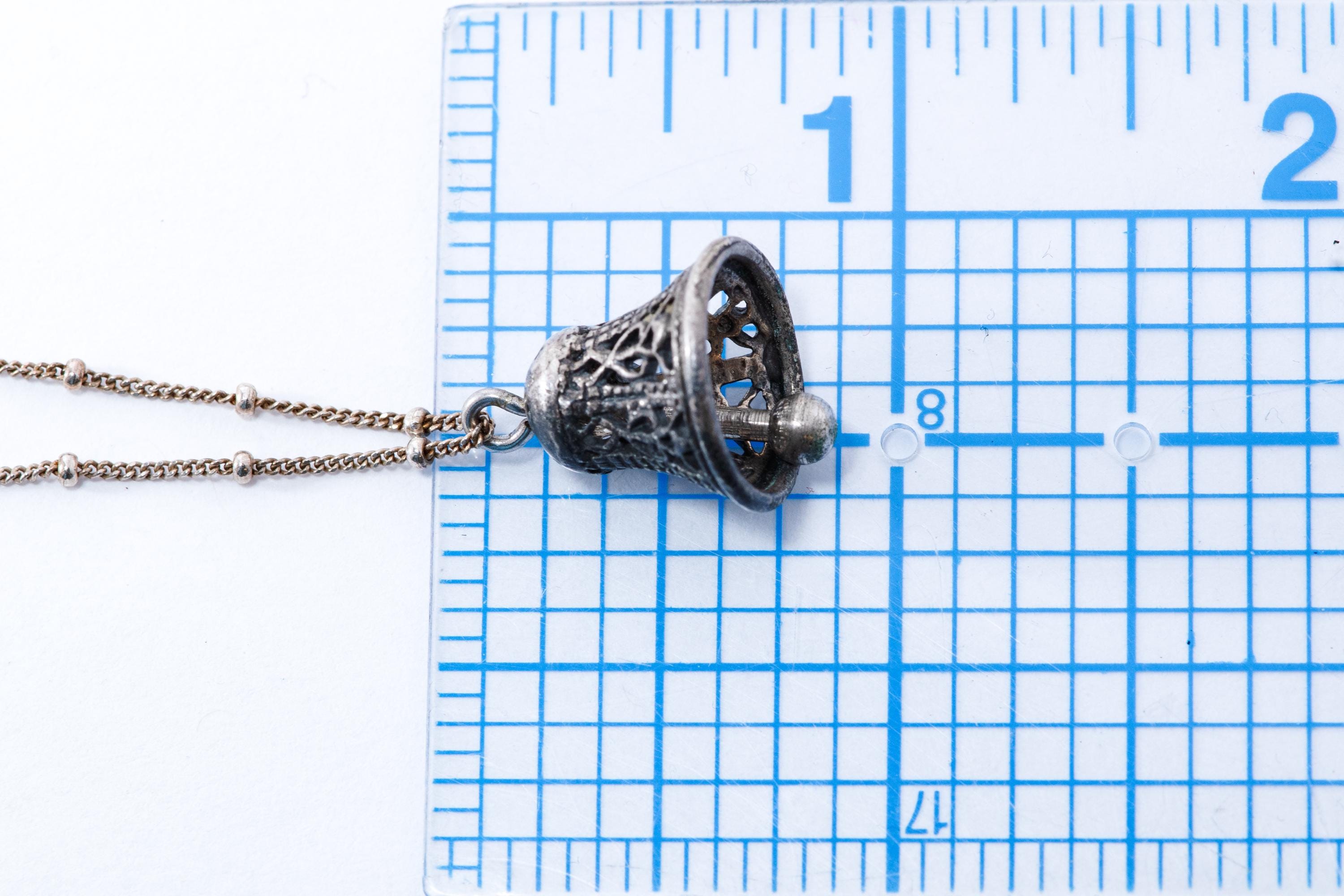 Vintage Sterling Silver Filigree Bell Pendant Necklace - Working Clapper