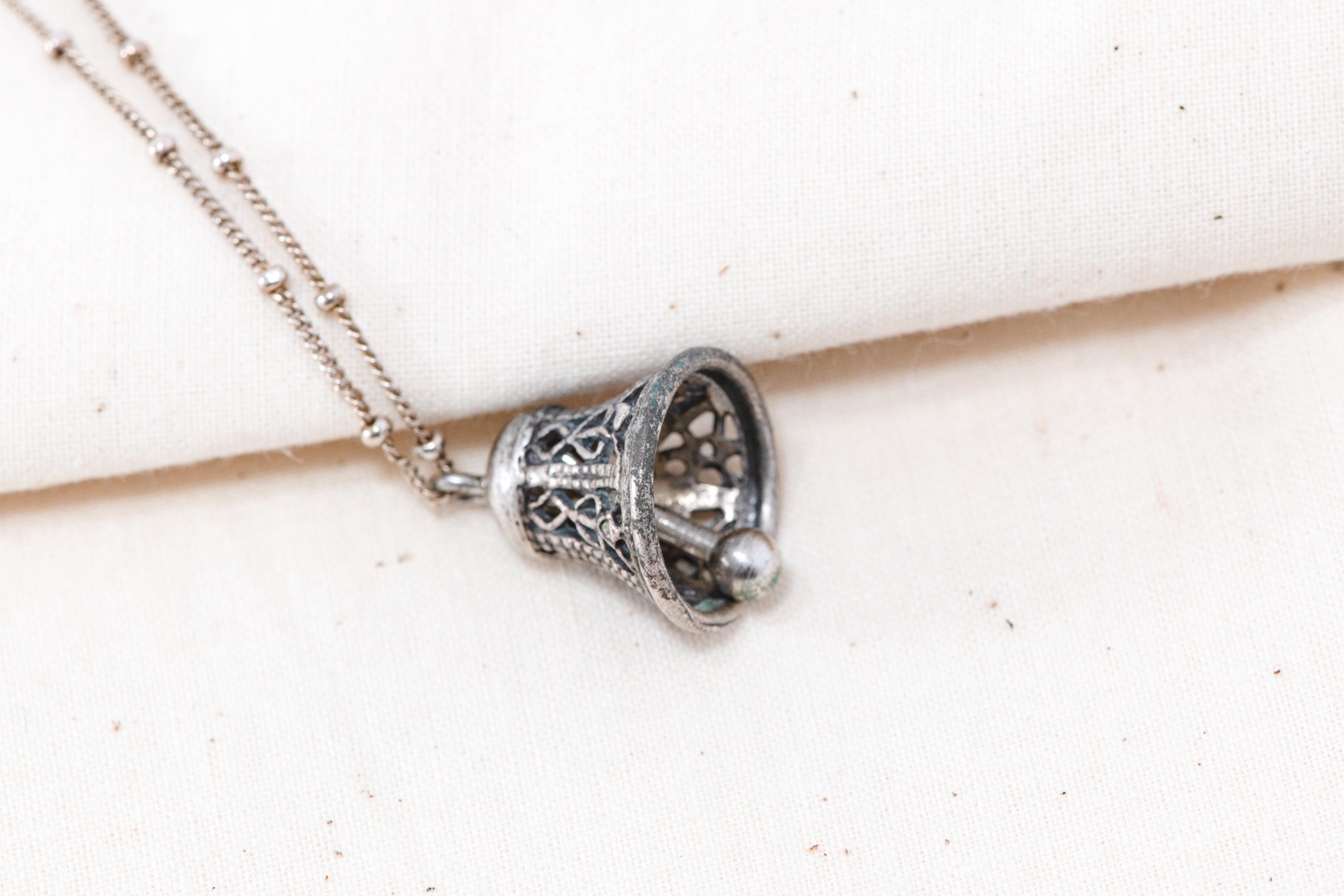 Vintage Sterling Silver Filigree Bell Pendant Necklace - Working Clapper