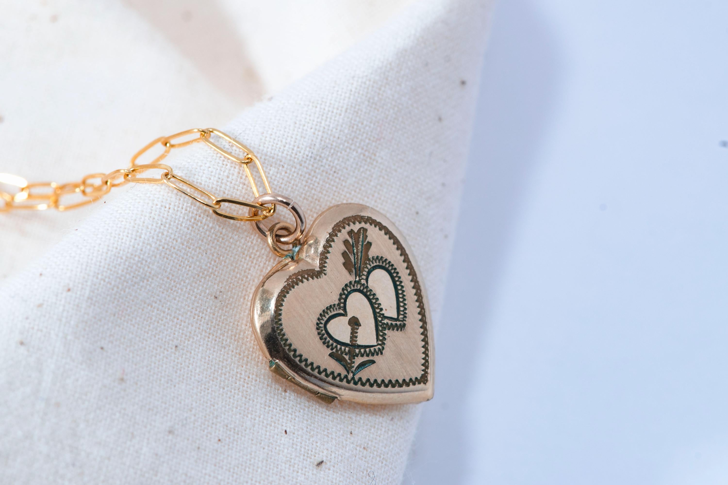 Etched Gold Fill Heart Locket Necklace  Vintage Keepsake Jewelry