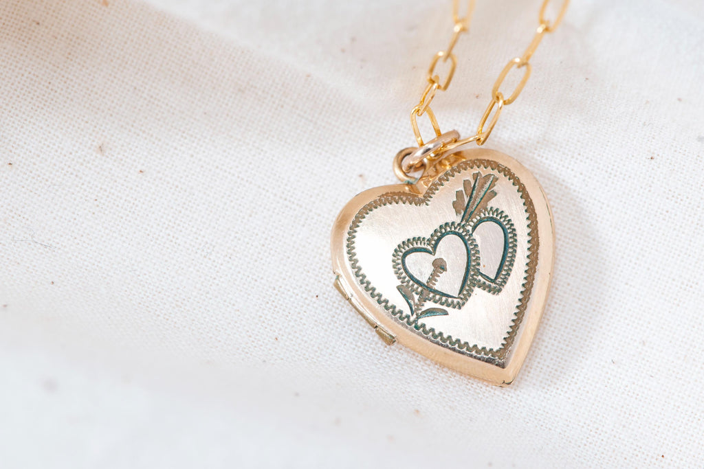 Etched Gold Fill Heart Locket Necklace  Vintage Keepsake Jewelry
