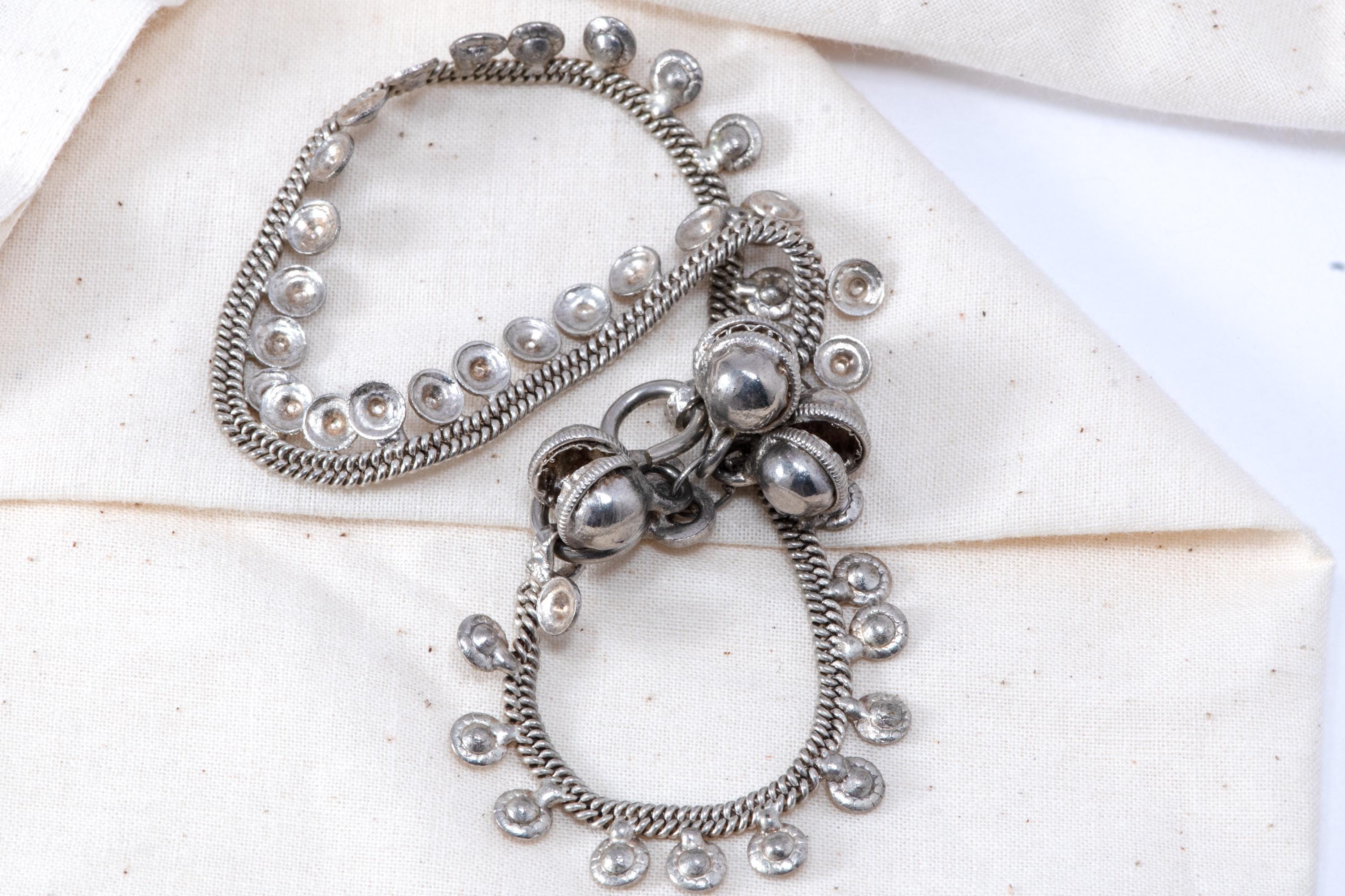 Vintage Indian Silver Tone Anklet  Dangle Bells Boho Foot Bracelet