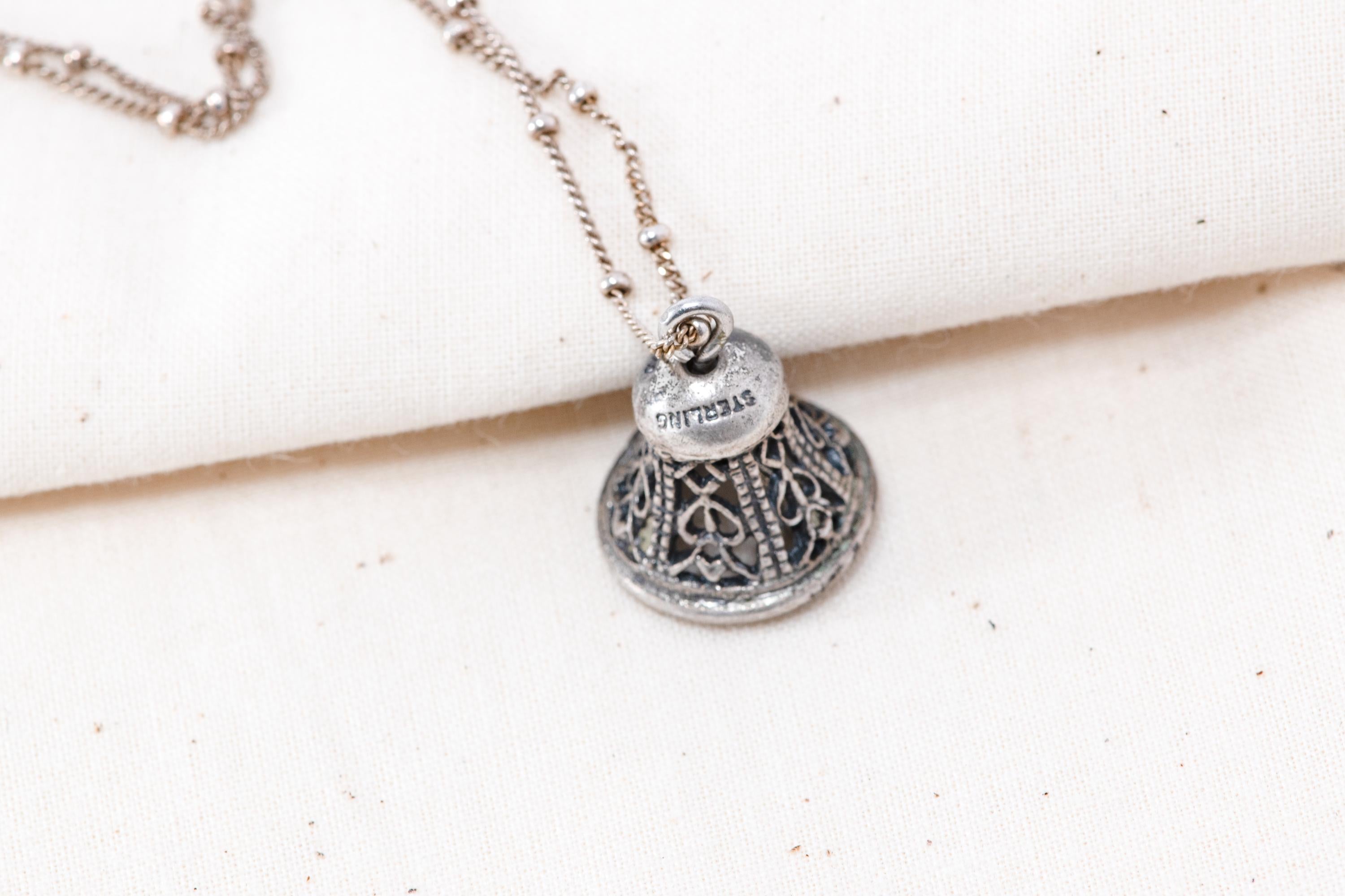 Vintage Sterling Silver Filigree Bell Pendant Necklace - Working Clapper