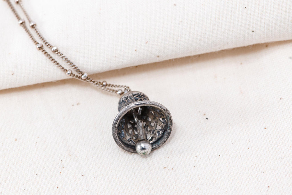 Vintage Sterling Silver Filigree Bell Pendant Necklace - Working Clapper