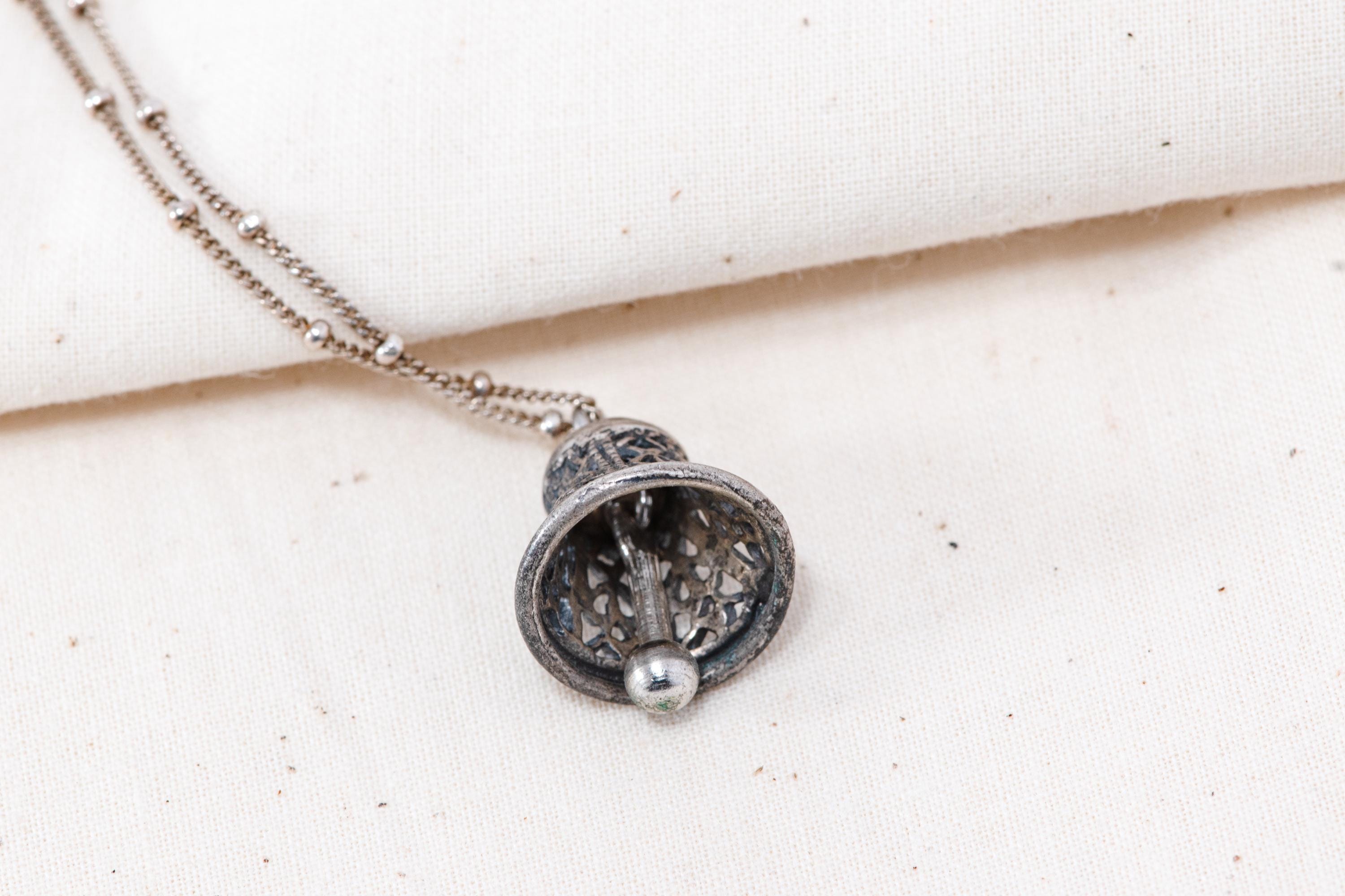 Vintage Sterling Silver Filigree Bell Pendant Necklace - Working Clapper