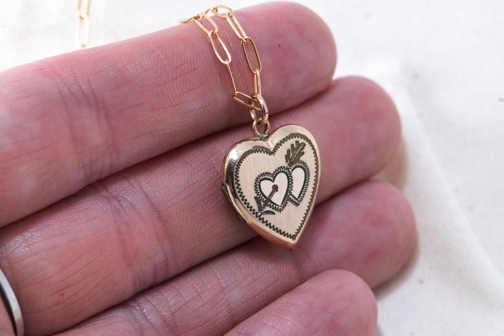 Etched Gold Fill Heart Locket Necklace  Vintage Keepsake Jewelry