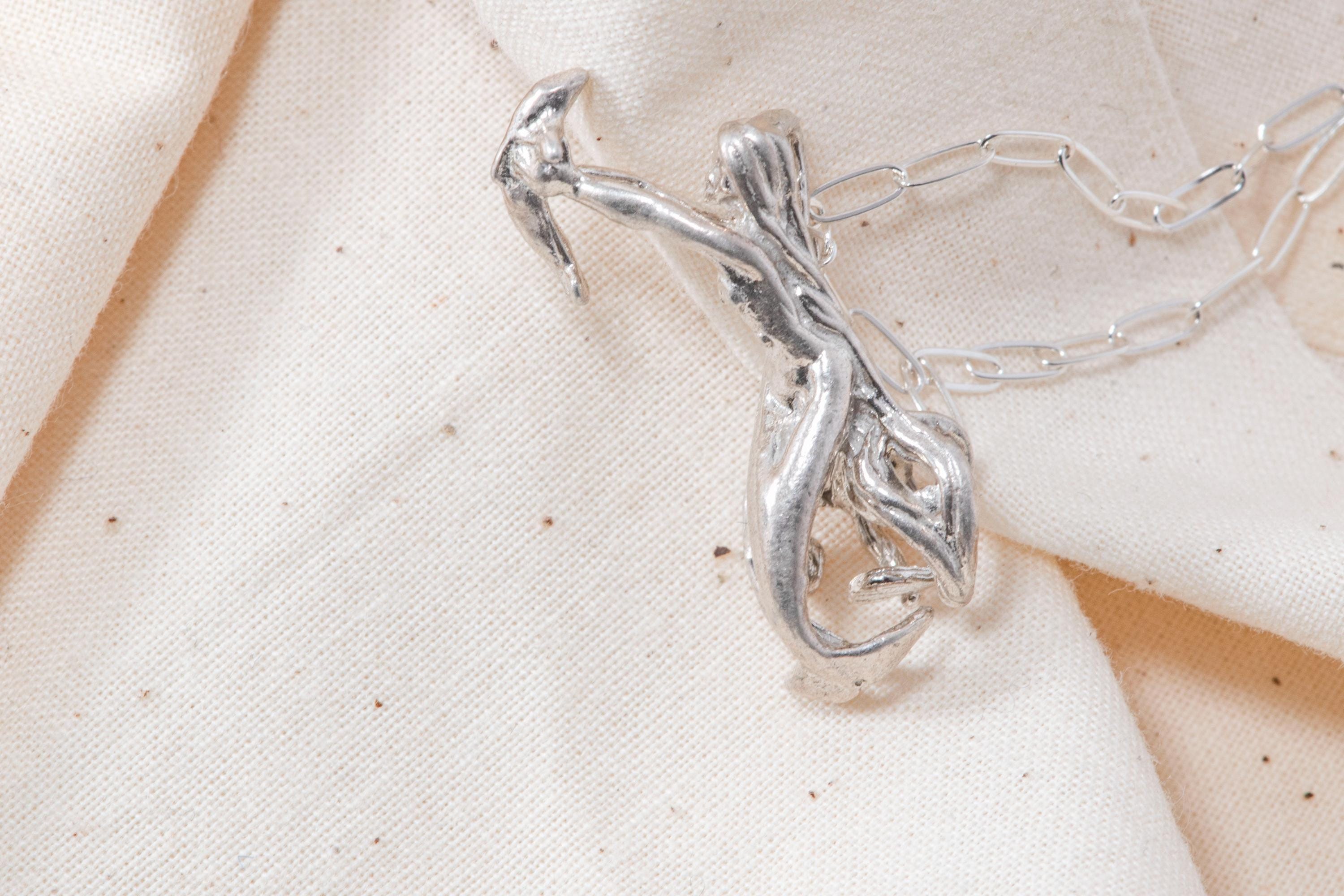 Vintage Sterling Silver Mermaid Dolphin Necklace  Mythical Sea Siren Jewelry