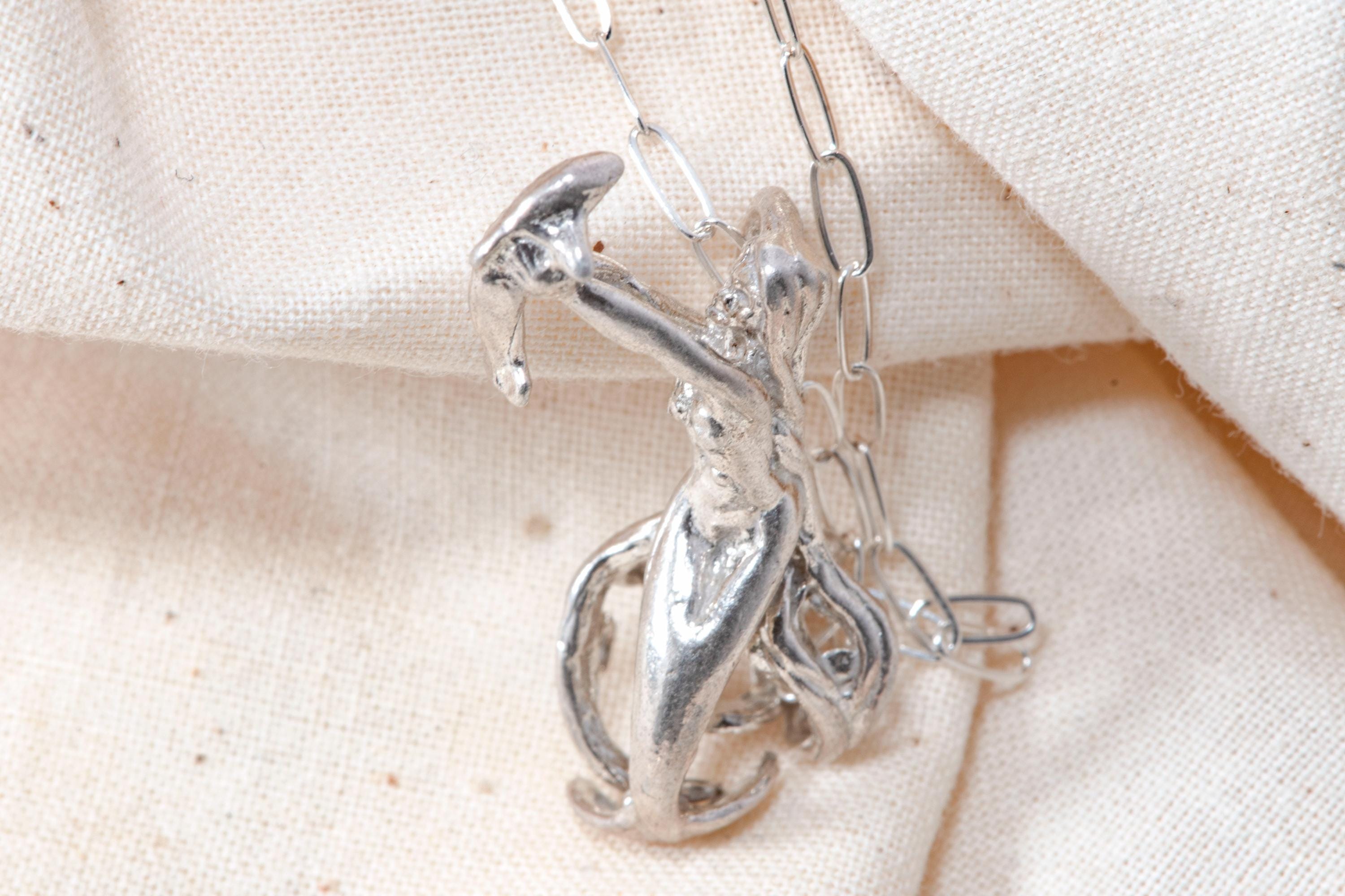 Vintage Sterling Silver Mermaid Dolphin Necklace  Mythical Sea Siren Jewelry