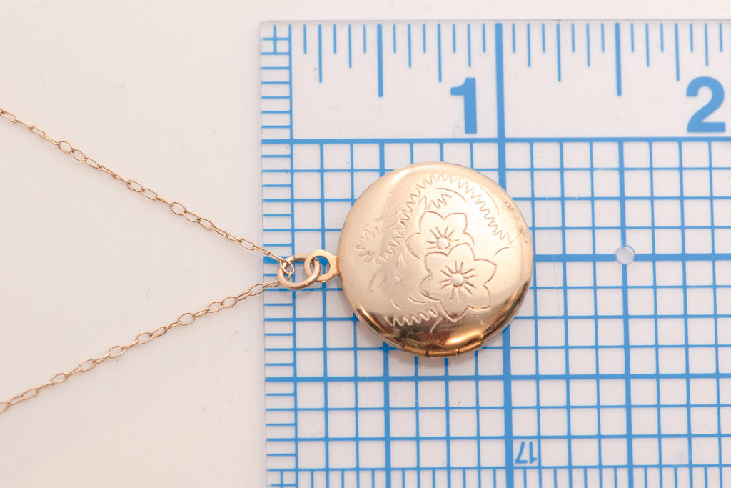 Vintage Gold Floral Locket Necklace  Engraved Keepsake Photo Pendant