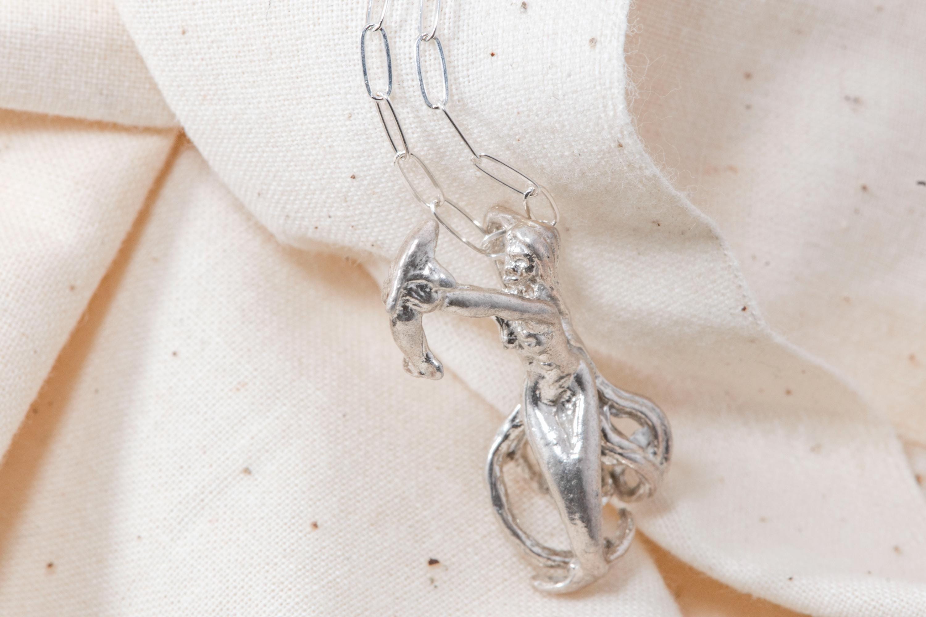 Vintage Sterling Silver Mermaid Dolphin Necklace  Mythical Sea Siren Jewelry