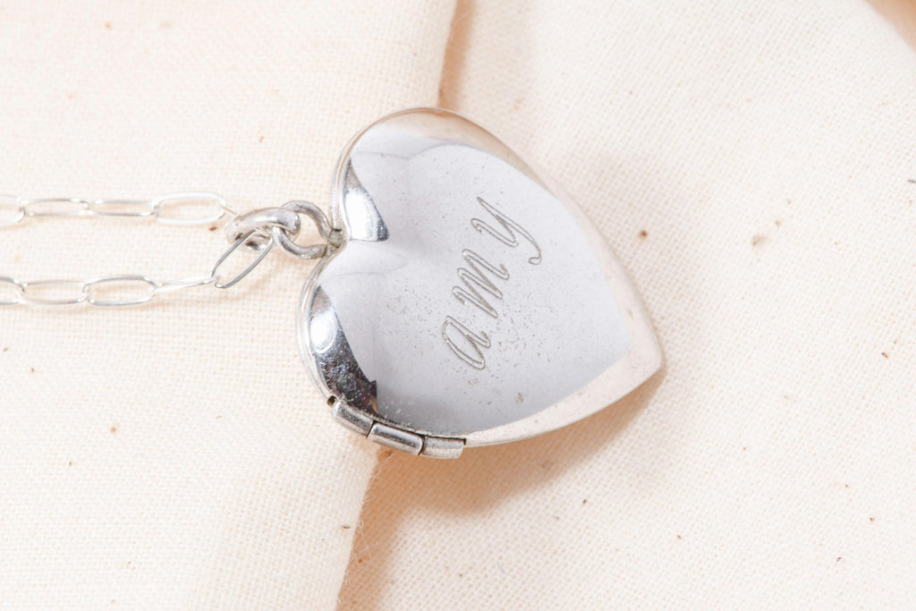 Vintage Sterling Silver Heart Locket Necklace  Personalized “Amy Engraved Name Jewelry