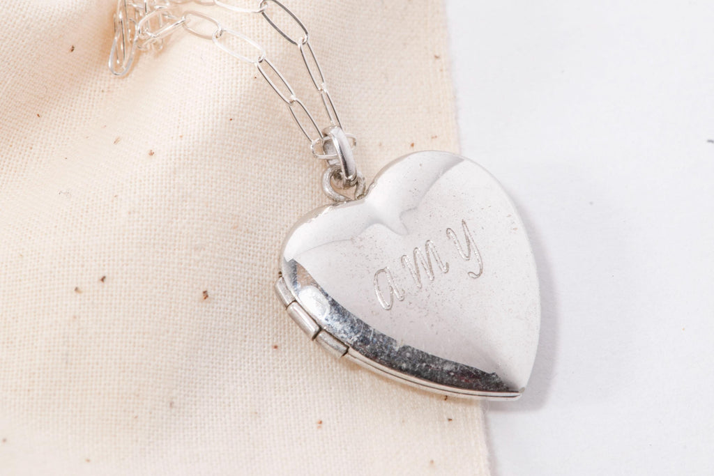 Vintage Sterling Silver Heart Locket Necklace  Personalized “Amy Engraved Name Jewelry