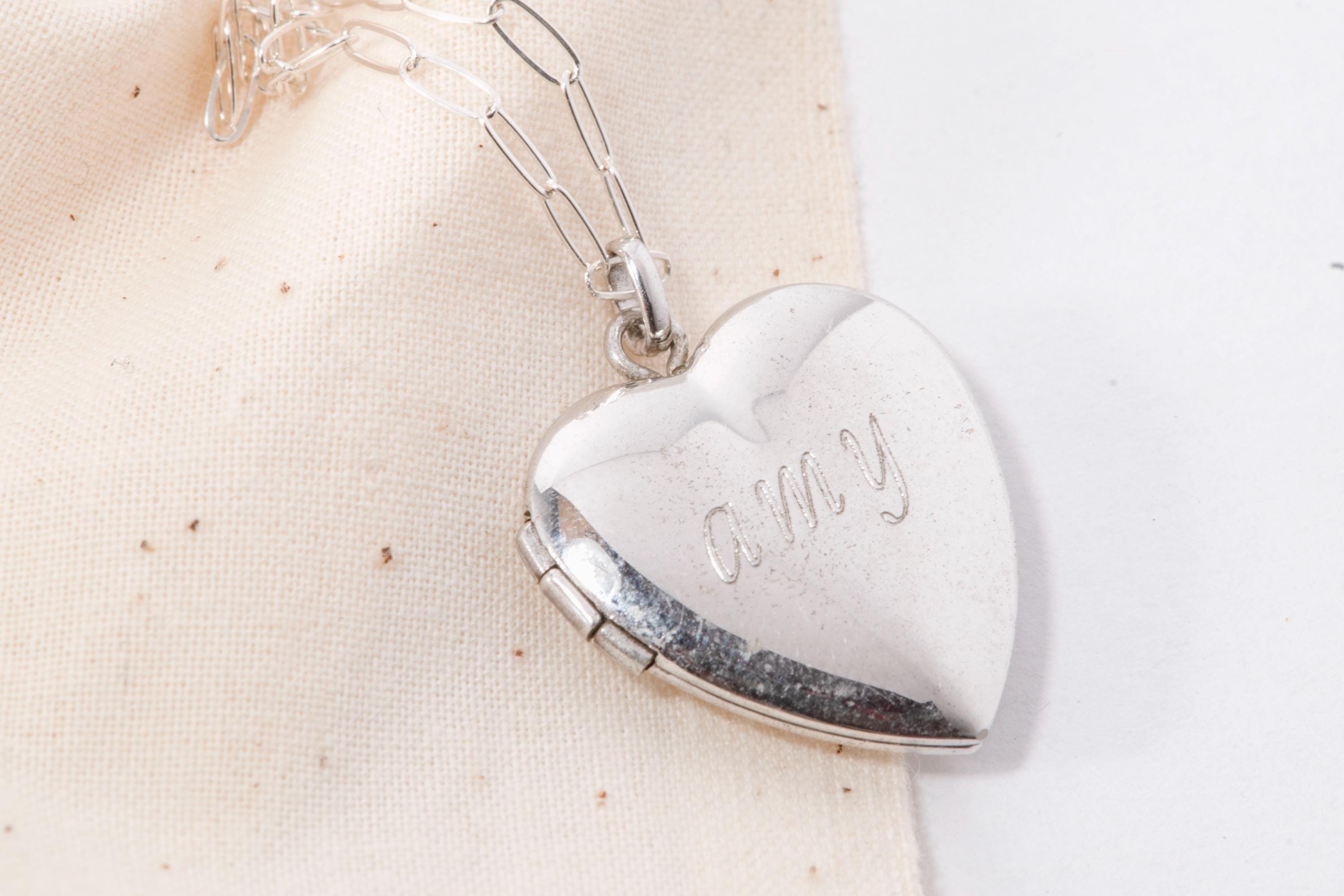 Vintage Sterling Silver Heart Locket Necklace  Personalized “Amy Engraved Name Jewelry