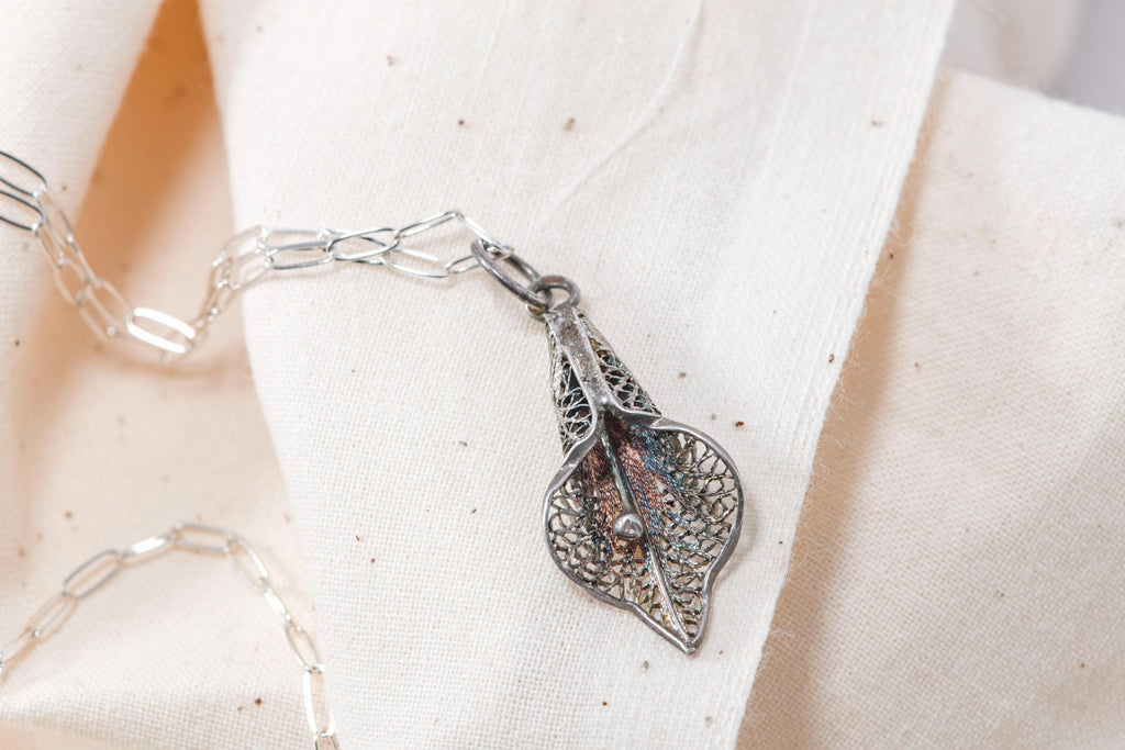 Vintage Sterling Silver Calla Lily Necklace  Floral Filigree Pendant