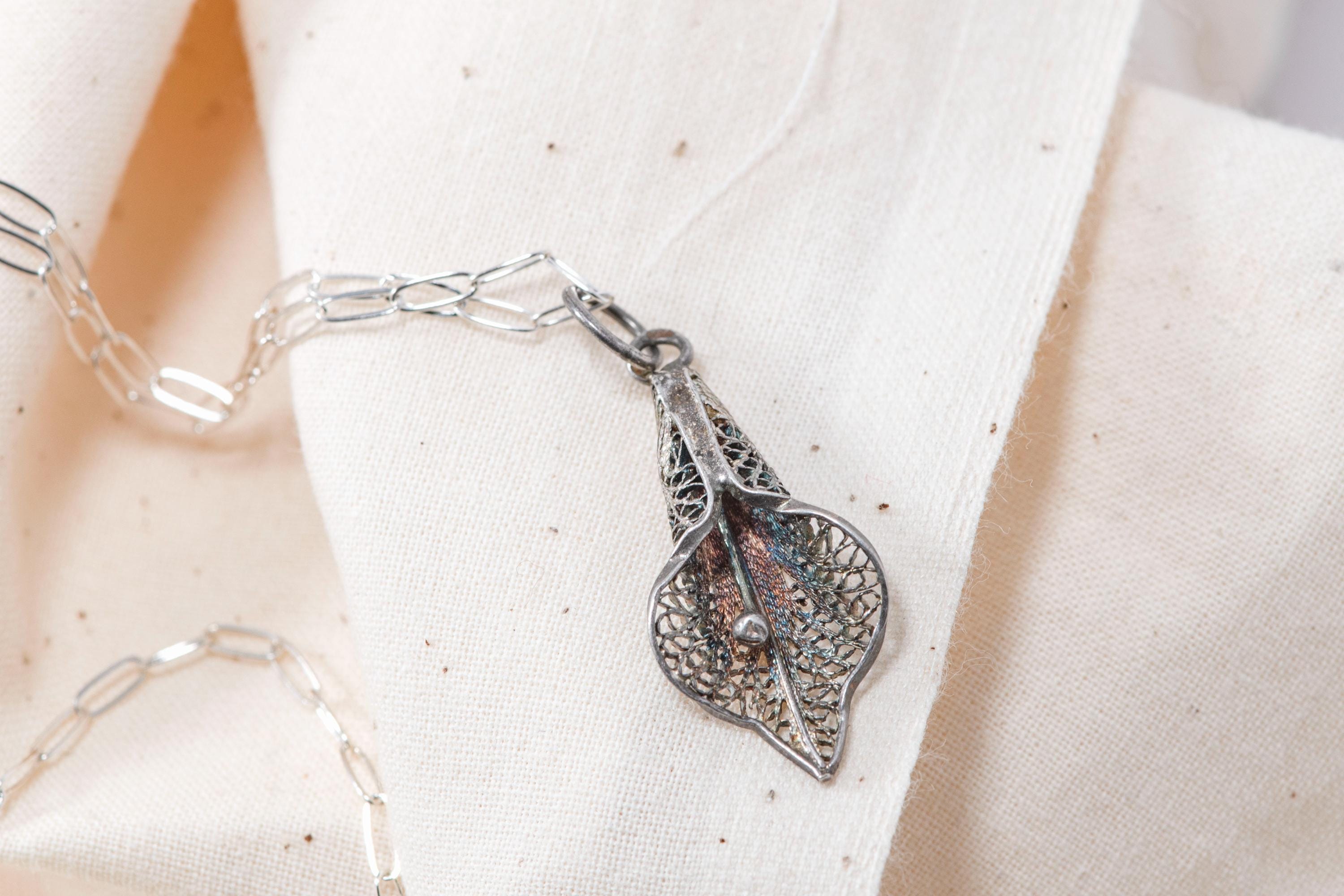 Vintage Sterling Silver Calla Lily Necklace  Floral Filigree Pendant
