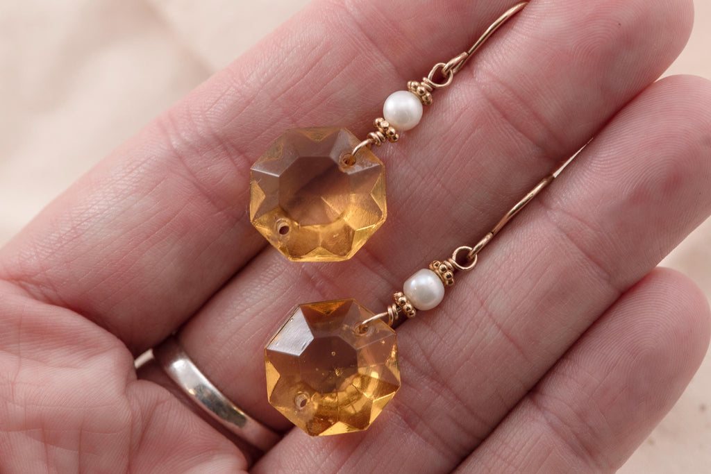 Vintage Faceted Glass & Pearl Dangle Earrings