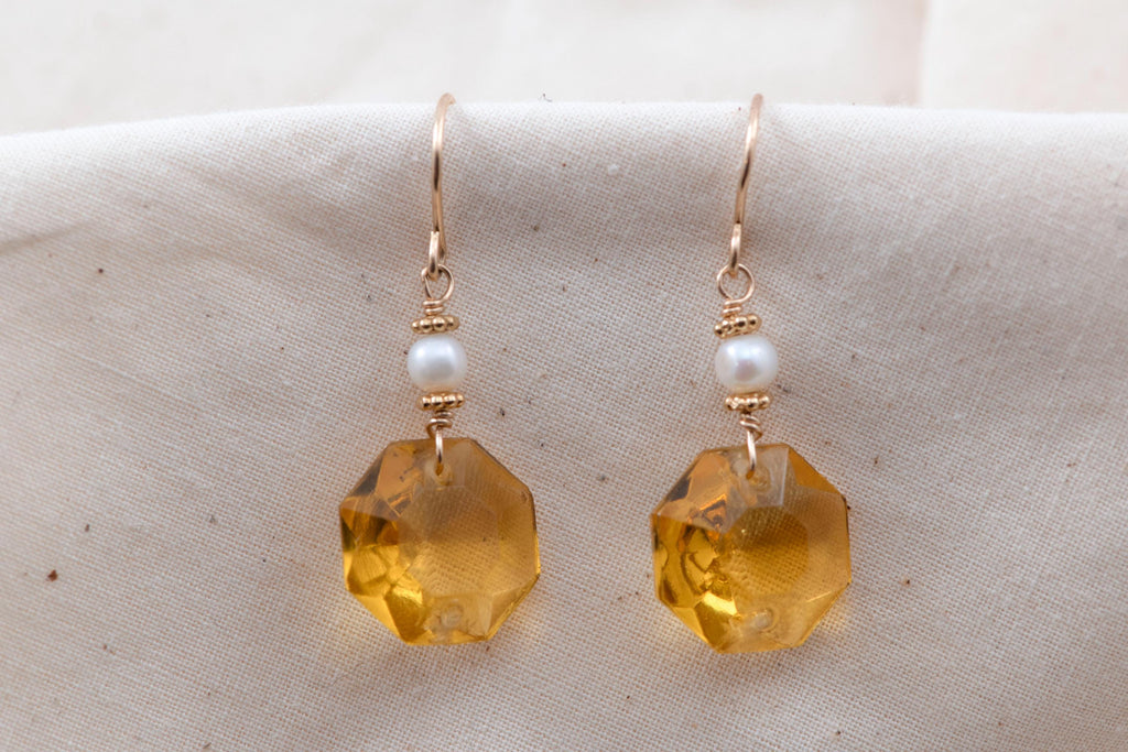 Vintage Faceted Glass & Pearl Dangle Earrings