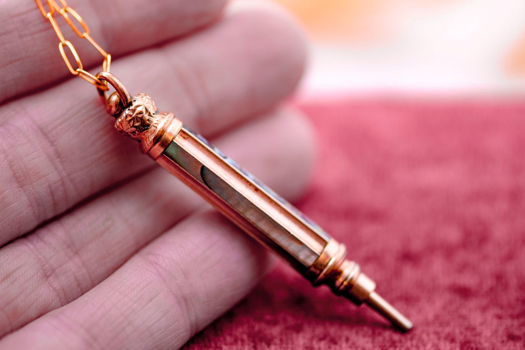 Antique Victorian Mechanical Pencil Pendant Necklace | Gold Fill Hand Engraved Estate Charm