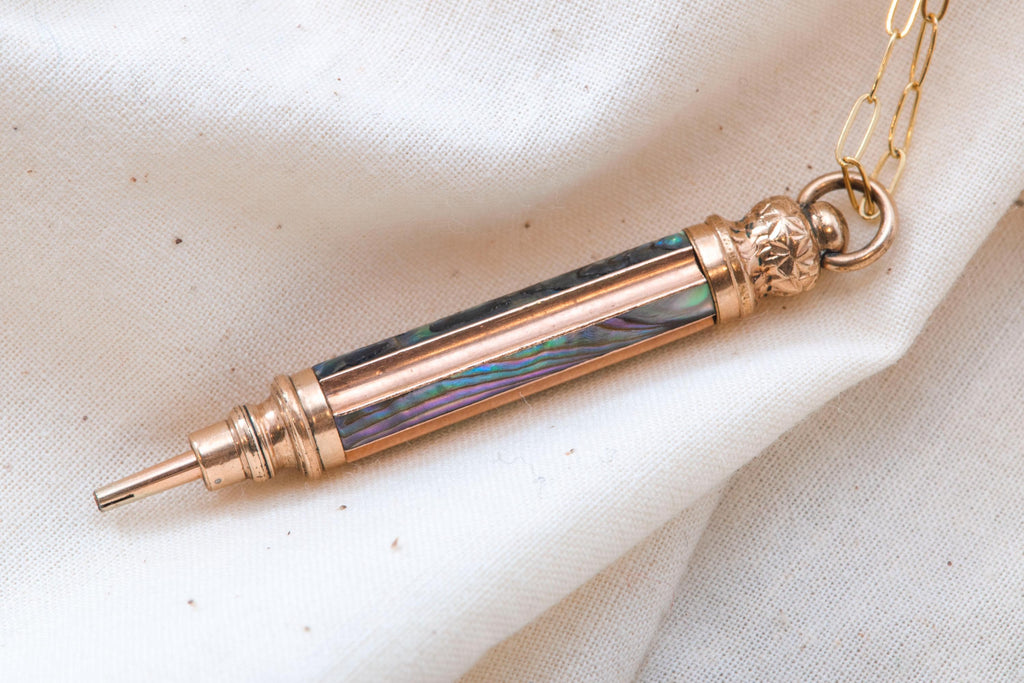Antique Victorian Mechanical Pencil Pendant Necklace | Gold Fill Hand Engraved Estate Charm