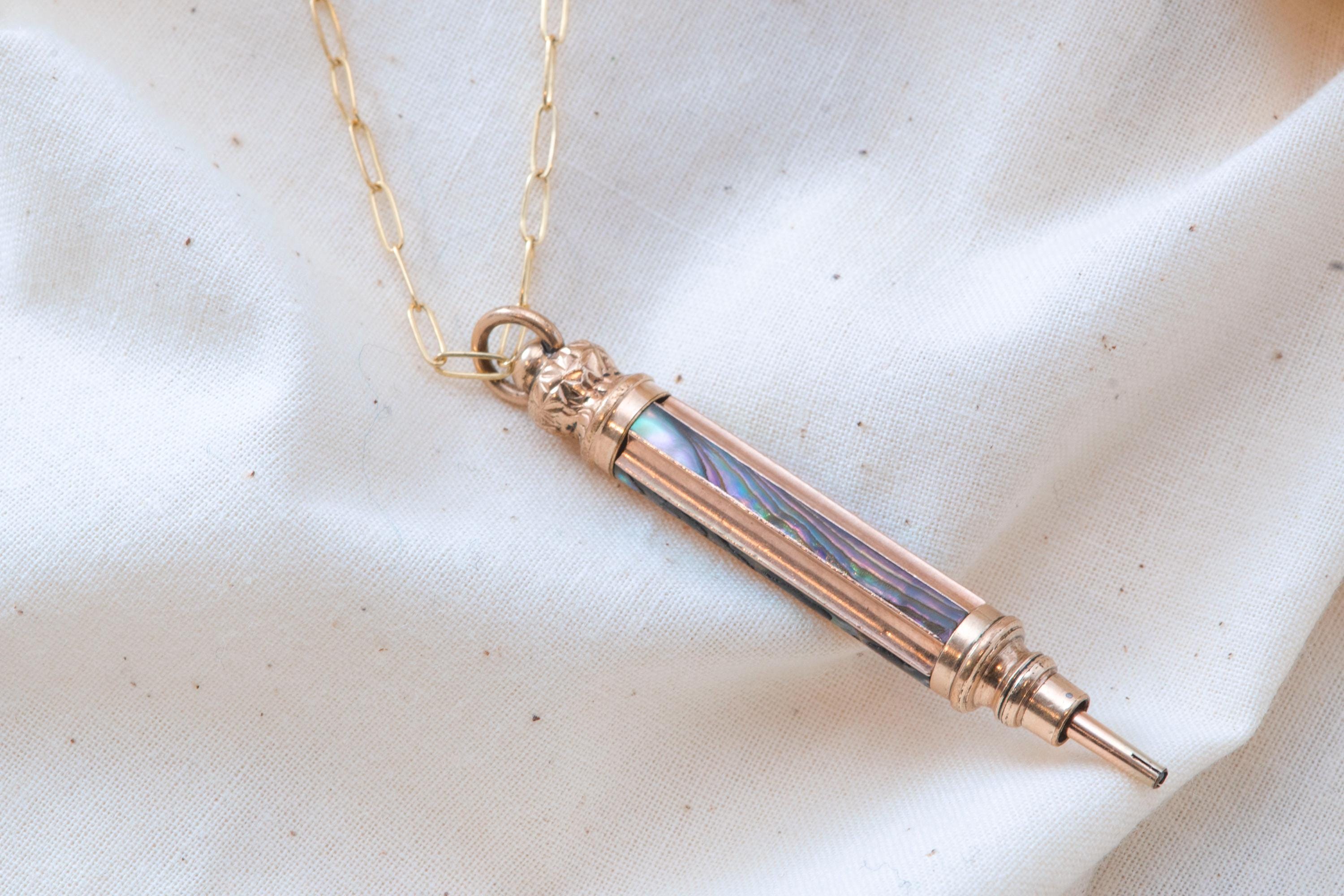 Antique Victorian Mechanical Pencil Pendant Necklace | Gold Fill Hand Engraved Estate Charm