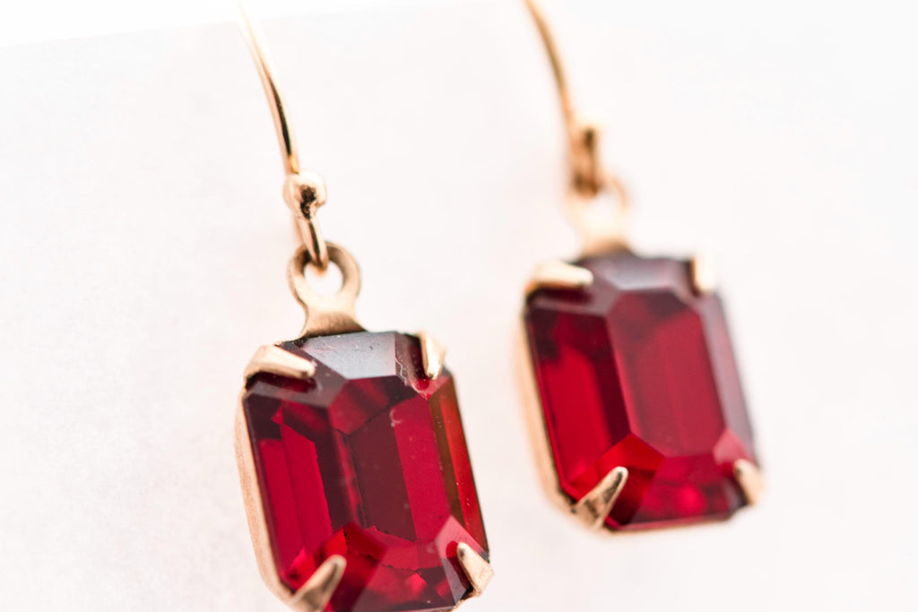 Vintage Art Deco Style Red Gem Paste Emerald Cut Earrings | Gold Tone Estate Charm