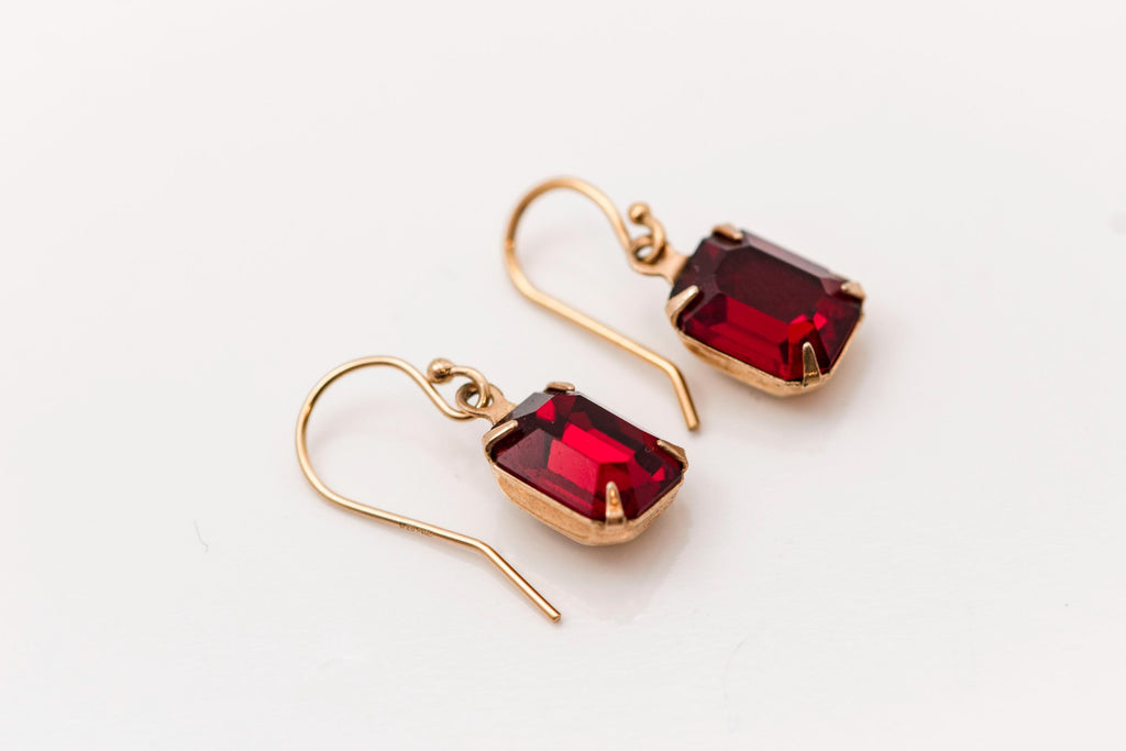 Vintage Art Deco Style Red Gem Paste Emerald Cut Earrings | Gold Tone Estate Charm