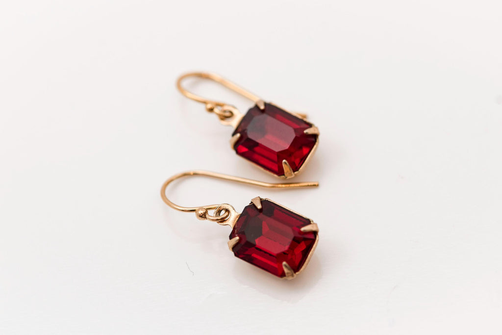Vintage Art Deco Style Red Gem Paste Emerald Cut Earrings | Gold Tone Estate Charm