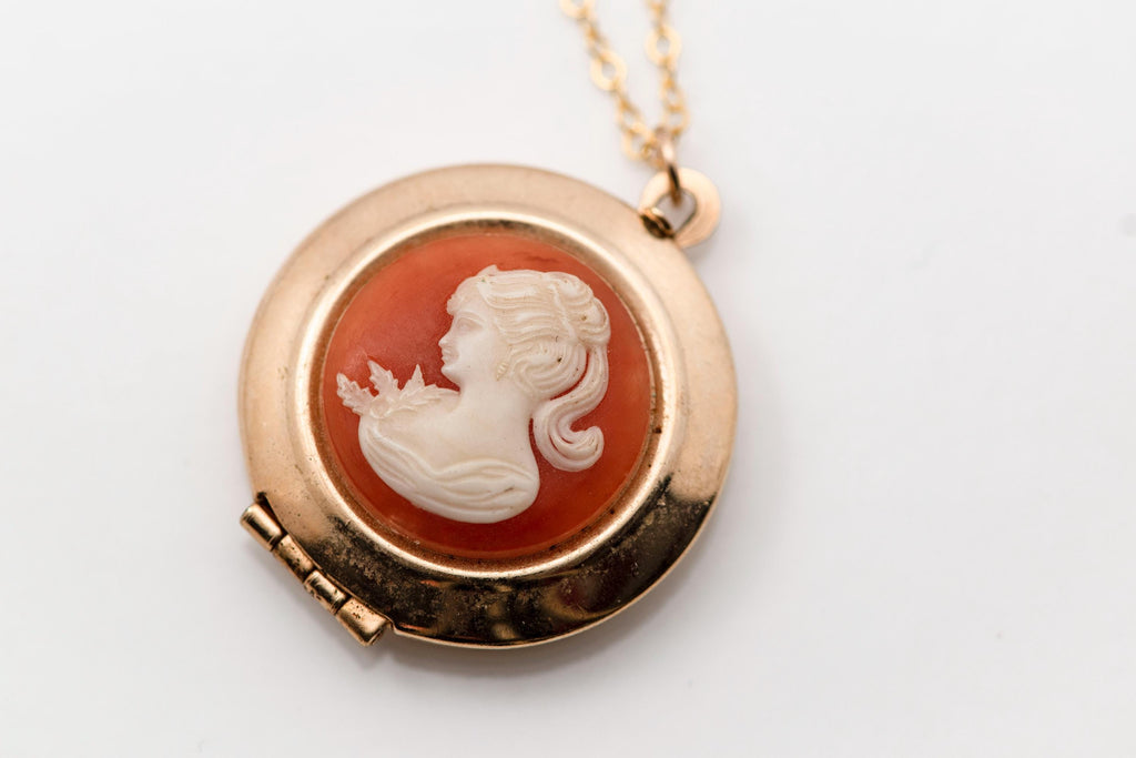 Vintage 1940s Gold-Fill Cameo Locket Necklace  Victorian Style Picture Frame Pendant  Personalized Engraving Option