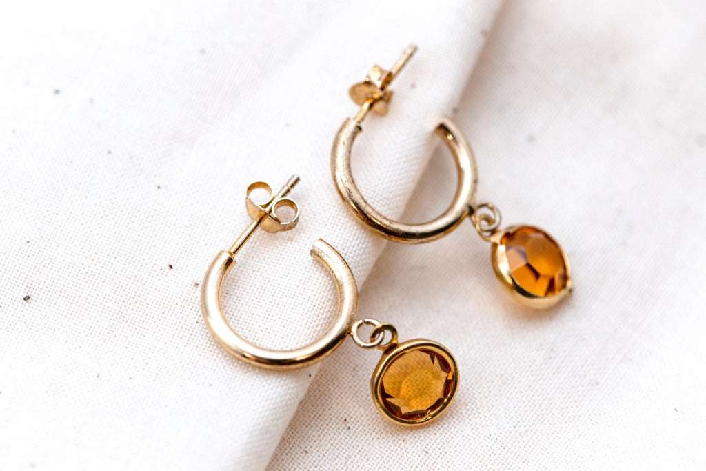Vintage Austrian Crystal Drop Earrings  Gold Hoop Dangles  Reworked Vintage Glass  November Birthstone Gift