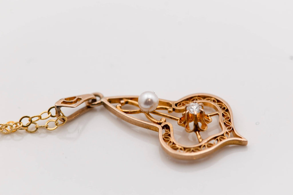 Art Nouveau 10k Diamond & Pearl Necklace