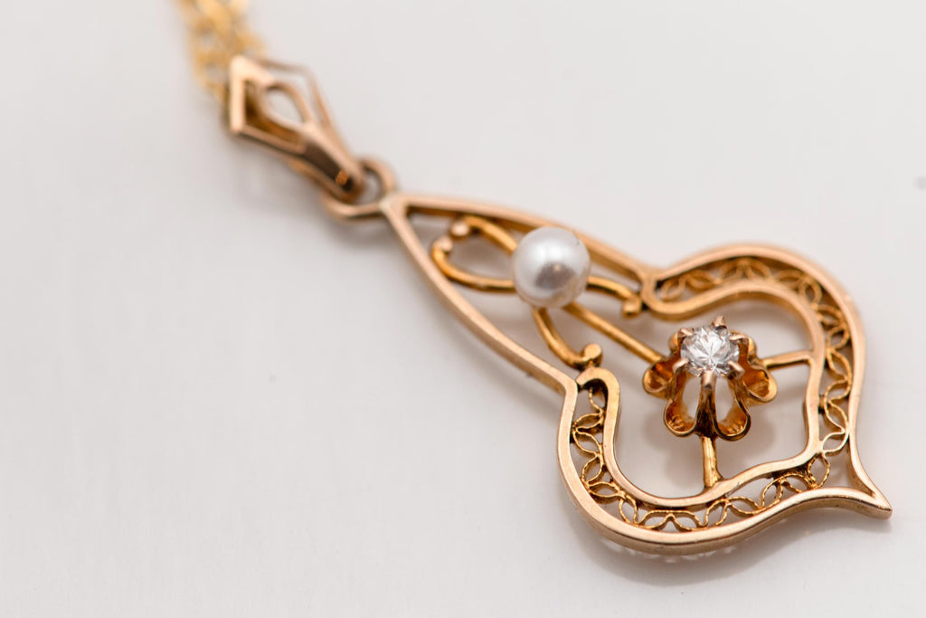 Art Nouveau 10k Diamond & Pearl Necklace