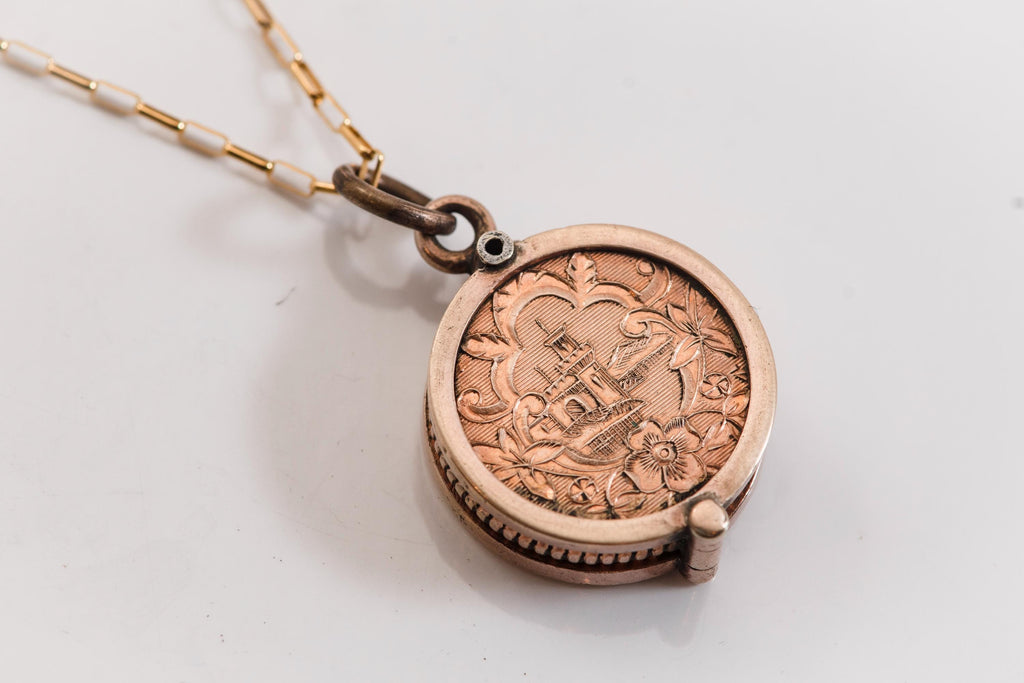Antique Rolled Gold Locket Necklace | 1900s Keepsake, 14K Gold Fill Chain