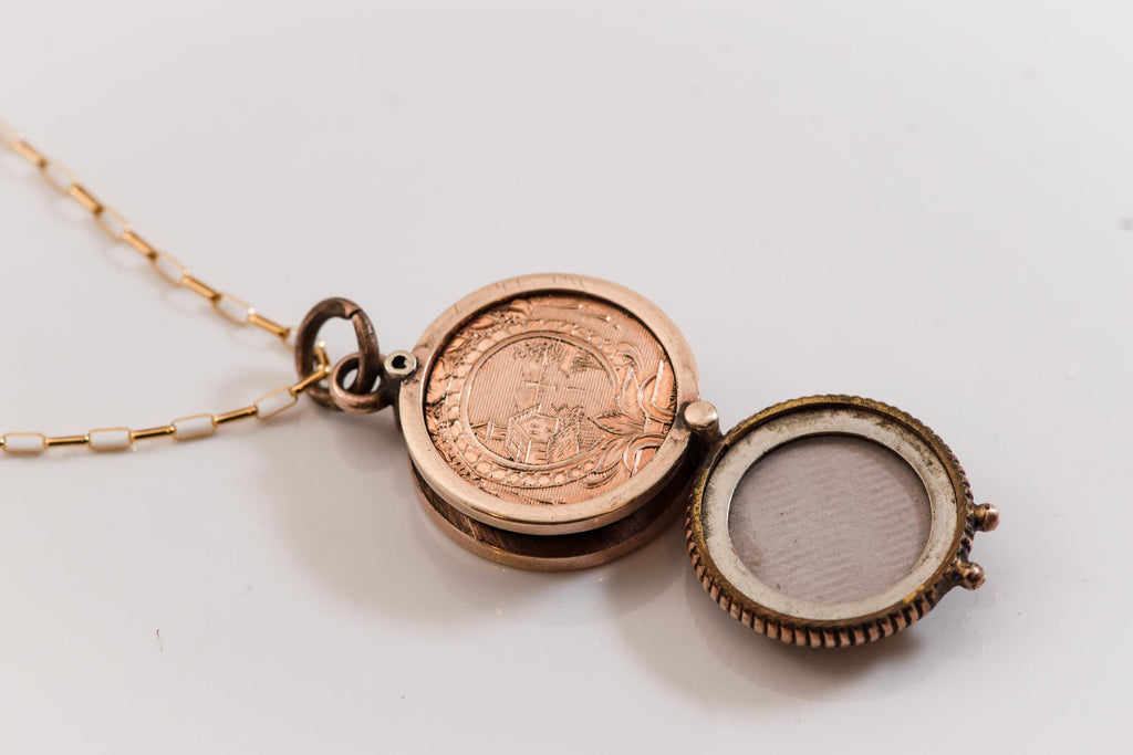 Antique Rolled Gold Locket Necklace | 1900s Keepsake, 14K Gold Fill Chain