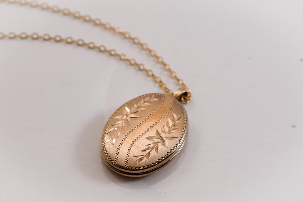 Antique Gold Filled Oval Locket Necklace | Edwardian Engraved Photo Locket on New Chain