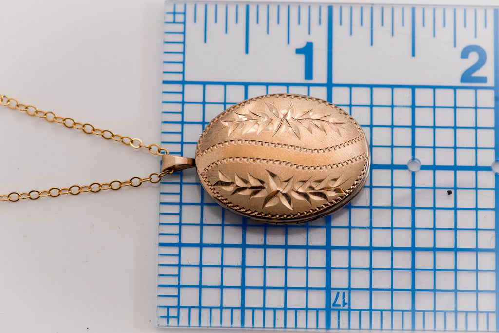 Antique Gold Filled Oval Locket Necklace | Edwardian Engraved Photo Locket on New Chain