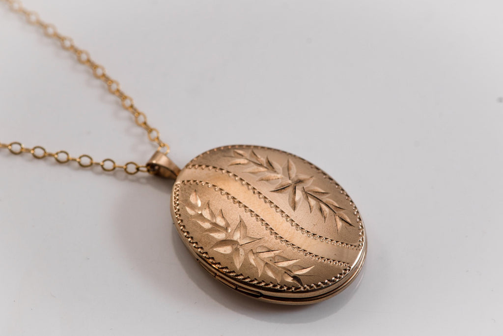 Antique Gold Filled Oval Locket Necklace | Edwardian Engraved Photo Locket on New Chain