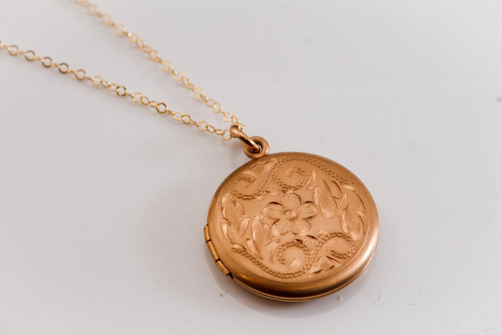 Antique Gold Filled Locket Necklace, Hand Engraved Floral Victorian Photo Pendant