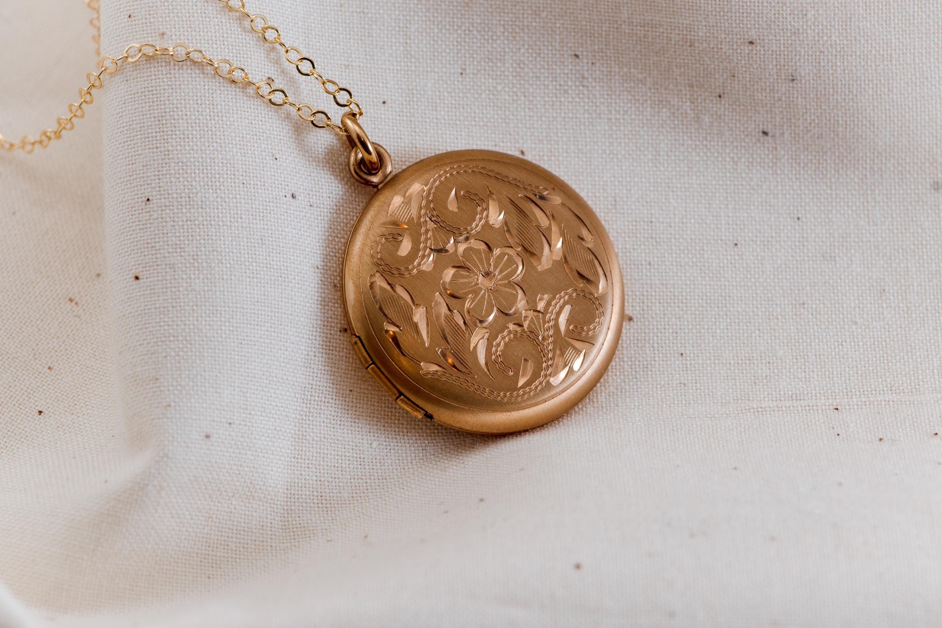 Antique Gold Filled Locket Necklace, Hand Engraved Floral Victorian Photo Pendant