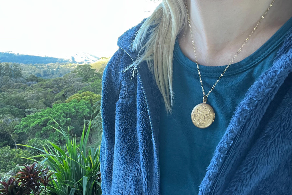 Antique Gold Filled Locket Necklace, Hand Engraved Floral Victorian Photo Pendant