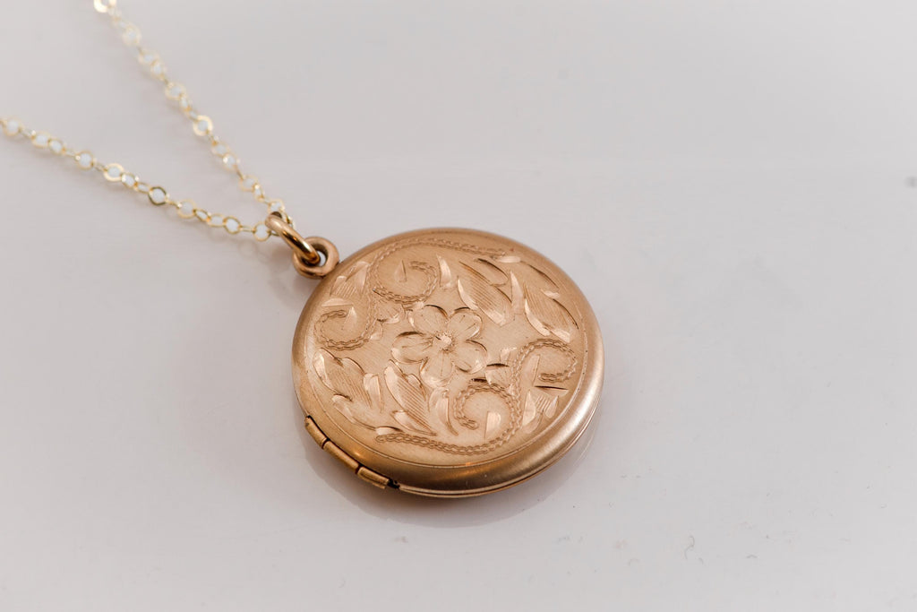 Antique Gold Filled Locket Necklace, Hand Engraved Floral Victorian Photo Pendant