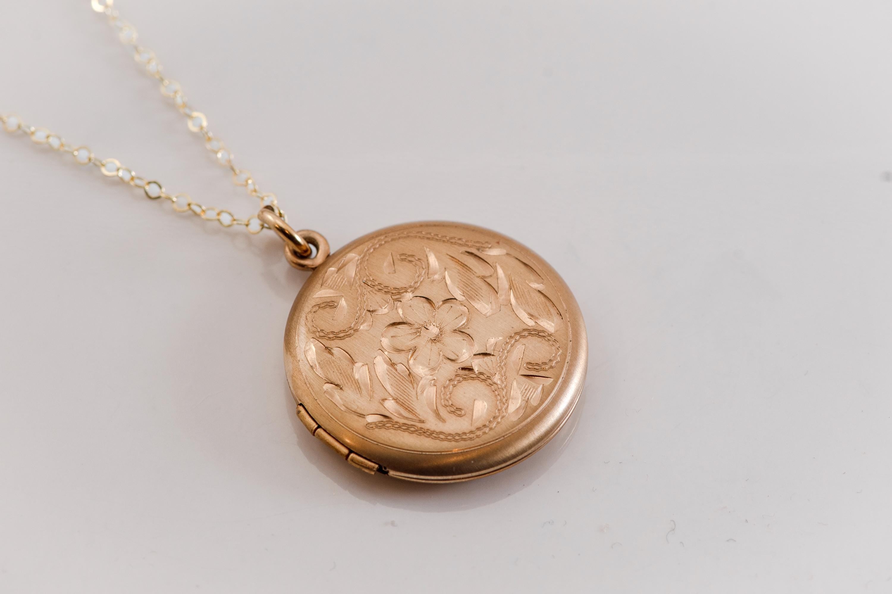 Antique Gold Filled Locket Necklace, Hand Engraved Floral Victorian Photo Pendant