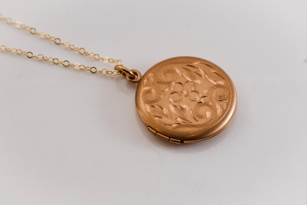 Antique Gold Filled Locket Necklace, Hand Engraved Floral Victorian Photo Pendant