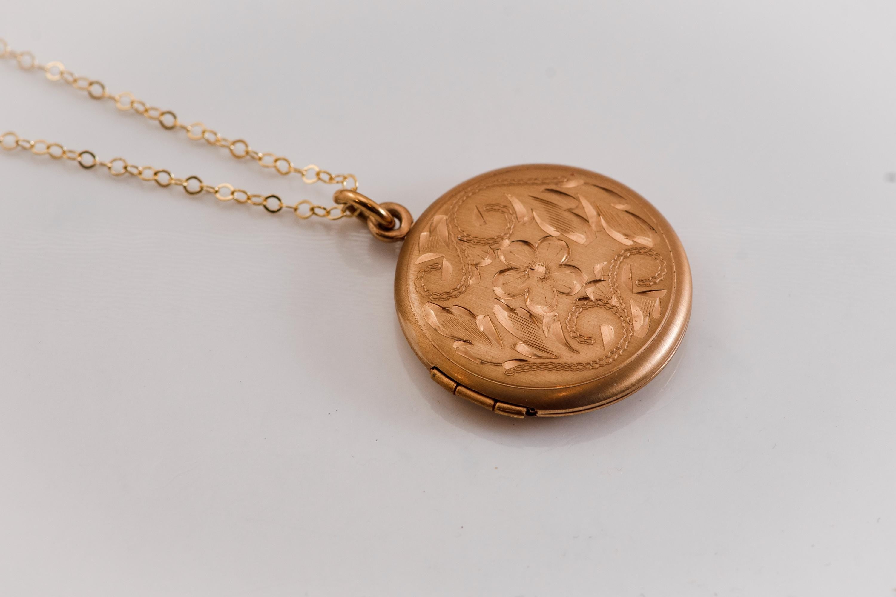 Antique Gold Filled Locket Necklace, Hand Engraved Floral Victorian Photo Pendant