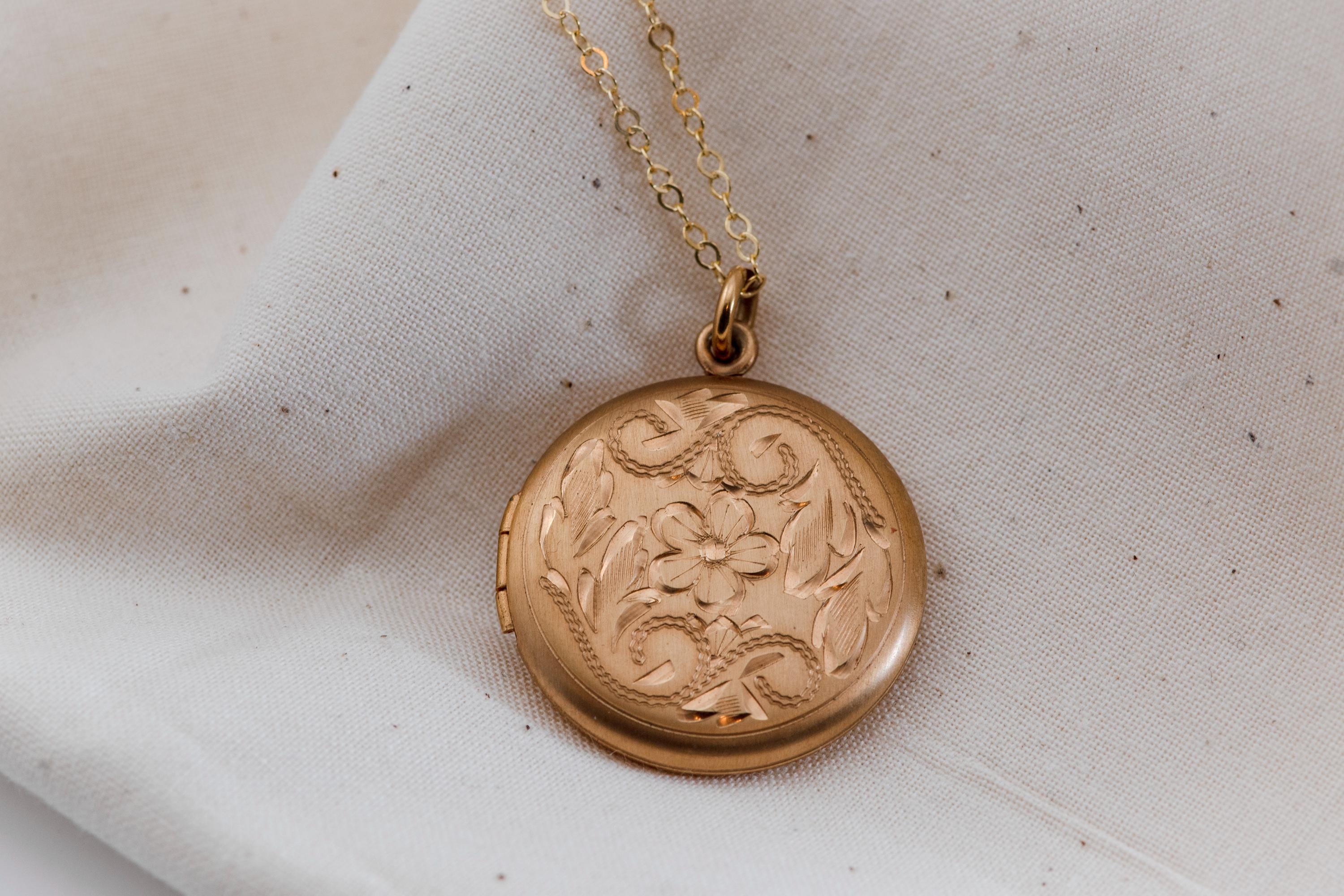 Antique Gold Filled Locket Necklace, Hand Engraved Floral Victorian Photo Pendant